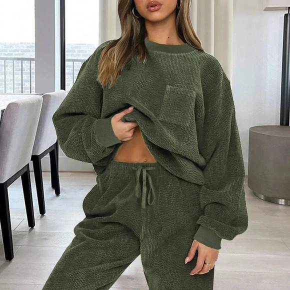 Dark Green Casual Women's Crew Neck Long Sleeve Top And Drawstring Pants Set - Picture 2 of 3